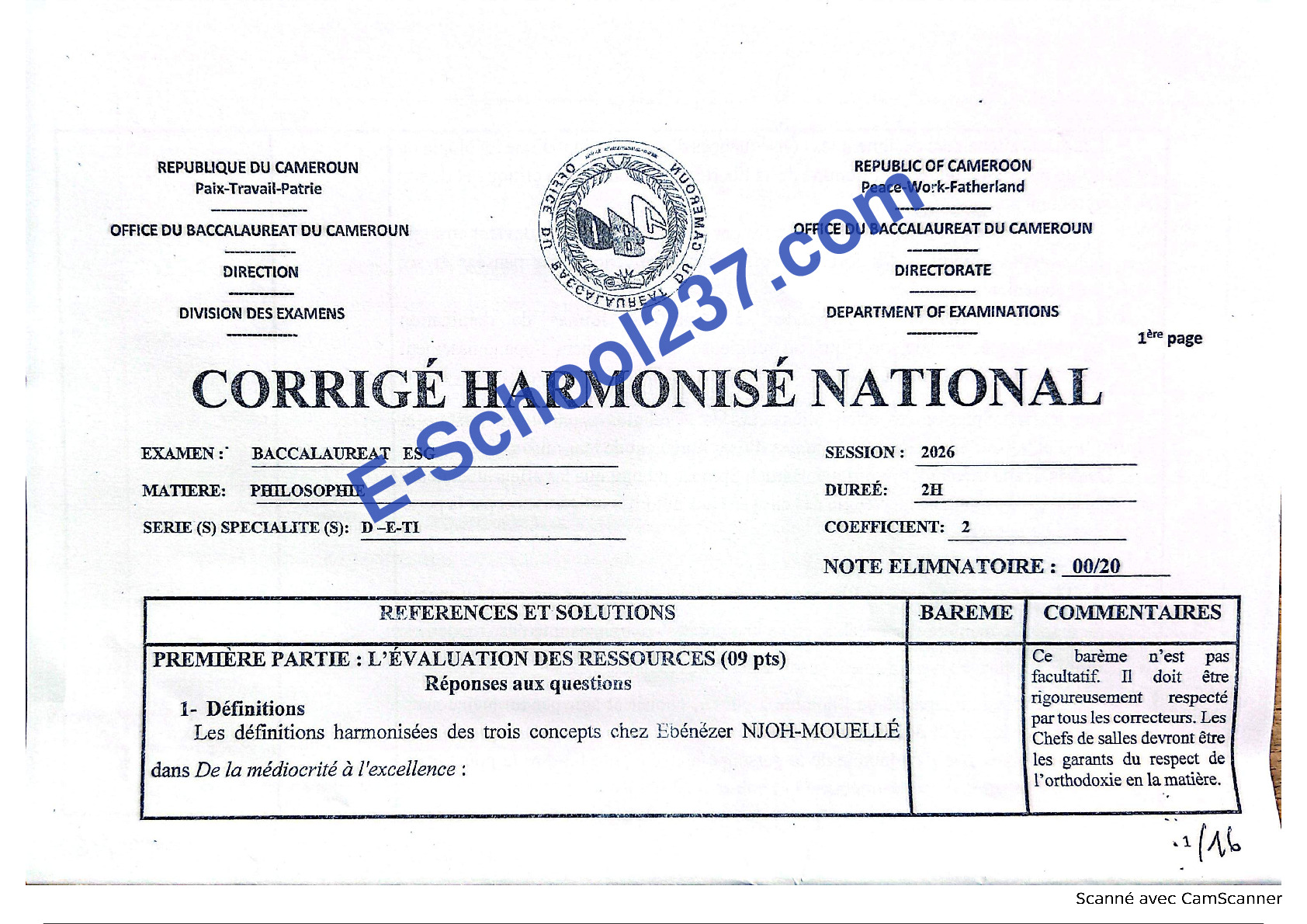 Corrigé Nat Bac D philosophie 2026
